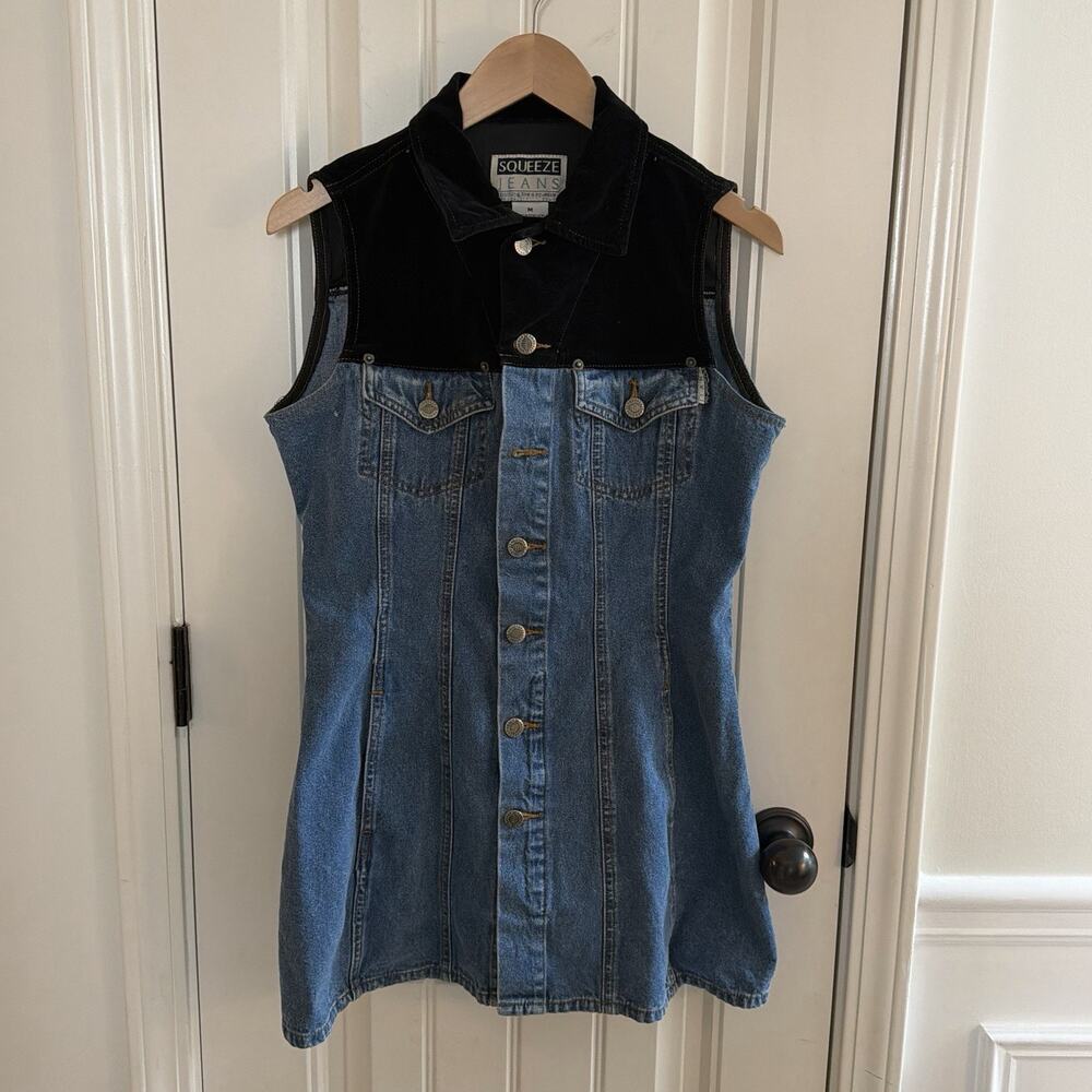 Vintage 90s Squeeze Jeans Denim Sleeveless Mini Dress Size M *Missing Button*